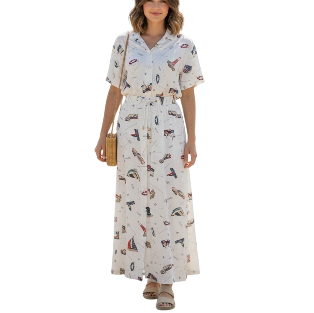 Vintage White Stag Skirt Set Medium Nautical Sailboat Y2K Cottagecore Co Ord